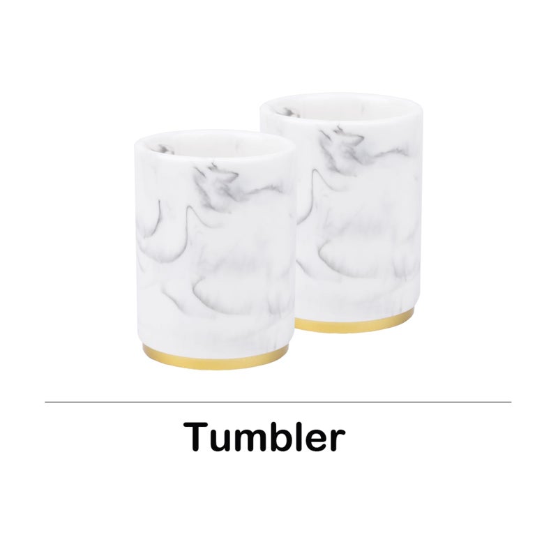 Jung Ford 5-Piece Bathroom Counter Top Accessory Set - Dispenser for Liquid Soap or Lotion, Soap Dish, 2 Tumblers and Toothbrush Holder, Marble Pattern Resin (White) - Image 3